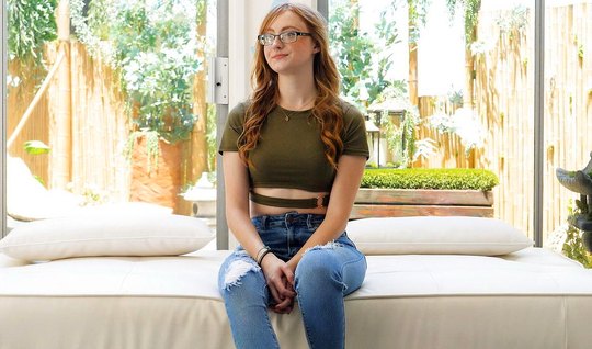Red-haired girl with glasses showed all her sex skills at the casting
