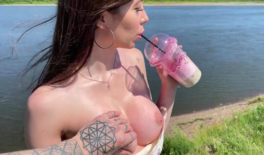 Russian chick with big tits fucks in nature